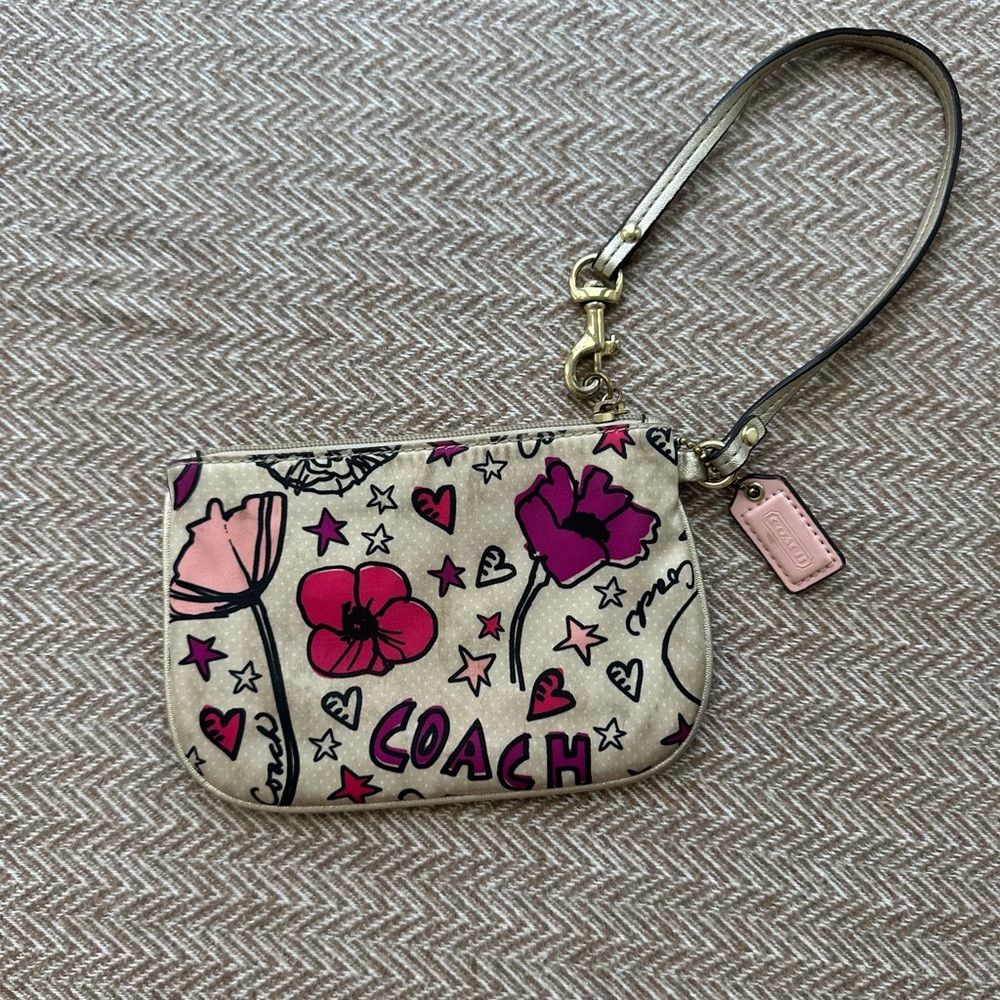 Coach Cream Wristlet with Pink Floral Design